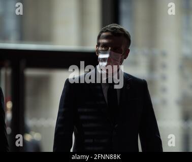 Parigi, Francia. 18 maggio 2021. Il presidente francese Emmanuel Macron durante un vertice sul finanziamento delle economie africane tenutosi a Parigi il 18 maggio 2021. Foto di Eliot Blondt/ABACAPRESS.COM Credit: Abaca Press/Alamy Live News Foto Stock