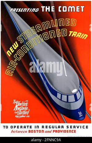 Presentazione della Comet. Nuovo treno aerodinamico con aria condizionata. Artista sconosciuto. Poster annato restaurato pubblicato nel 1935 negli Stati Uniti. Foto Stock