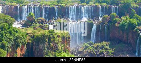 Cascate di Iguazu in Argentina, vista dalla bocca del Diavolo, primo piano su potenti corsi d'acqua che creano nebbia sul fiume Iguazu. Alberi sub-tropicali e. Foto Stock