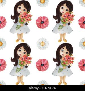 Motivo floreale acquerello senza cuciture con ragazze e fiori su sfondo bianco. Ideale per cartoline, biglietti d'auguri, involucri e altri design. Foto Stock