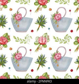 Motivo acquerello senza cuciture con bouquet di fiori, borsa estiva e foglia su sfondo bianco. Ideale per cartoline, biglietti d'auguri, confezioni. Foto Stock
