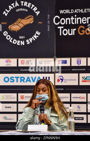 L'atleta di pista e campo Shaa'Carri Richardson degli Stati Uniti parla durante la conferenza stampa prima di Zlata tretra (Golden Spike) Continental Tour - Gold Athletic Event a Ostrava, Repubblica Ceca, 18 maggio 2021. (Foto CTK/Jaroslav Ozana) Foto Stock