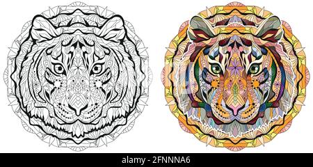 Testa di zentangle tigre con design mandala per t-shirt, per colorare, tatuaggio e altre decorazioni. Set di colori e contorni Illustrazione Vettoriale