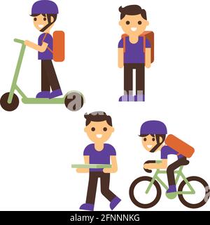 Illustrazione vettoriale piatta per la consegna della pizza. Personaggio dei cartoni animati ragazzo. Consegna su scooter, bicicletta, scatola di trasporto con elementi di design isolati per gli alimenti. Illustrazione Vettoriale