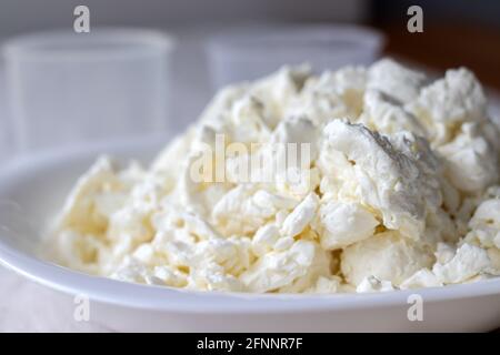 Un piatto bianco riempito con formaggio di cottage. Vista in primo piano. Messa a fuoco selettiva Foto Stock