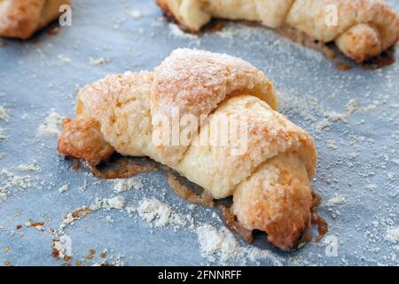 Bagel cotti da un impasto di cagliata con zucchero adagiato su una carta pergamena ricoperta di farina. Croissant dolci e rudy appena tolti dal forno. Un delizioso Foto Stock