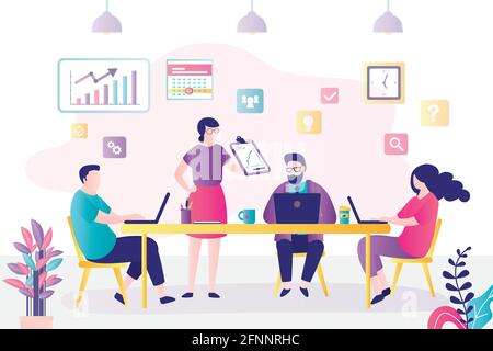 Gruppo di uomini d'affari al tavolo di lavoro. Soluzione team di compiti e problemi in ufficio. Lavoro collettivo, discussione e brainstorming. Lavoro di squadra, nuovo Illustrazione Vettoriale