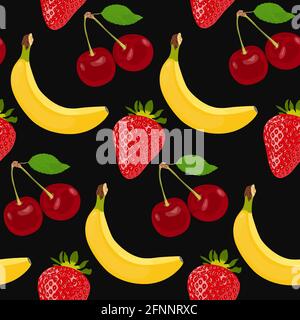 Carino frutta succosa e bacche su sfondo nero. Banana, fragola, ciliegia, misto, motivo senza cuciture su sfondo nero. Illustrazione Vettoriale