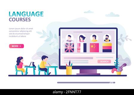 Сhildren sedersi alla scrivania e studiare la lingua straniera. Concetto di formazione, corsi e conoscenze online. Questionari per insegnanti sullo schermo del computer. Illustrazione Vettoriale