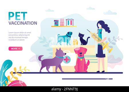 Pagina di destinazione della vaccinazione PET. Siringa di contenimento veterinario per le vaccinazioni. Concetto di veterinaria, protezione degli animali e assistenza sanitaria per animali domestici. Vet clinica o Illustrazione Vettoriale