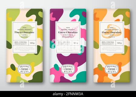 Set di etichette per cioccolato. Raccolta di layout di progettazione per il packaging vettoriale astratto. Tipografia moderna, disegni a mano Durian, Papaya, Dragon Fruit schizzi e. Illustrazione Vettoriale