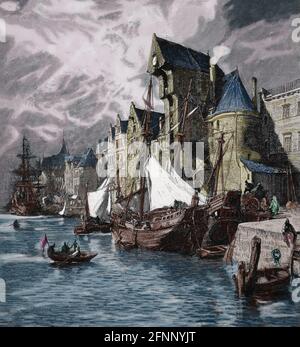 Lega anseatica. Porto di una città commerciale tedesca. Costa Nord. Medioevo. Germania, 1882. Juan Scherr. Foto Stock