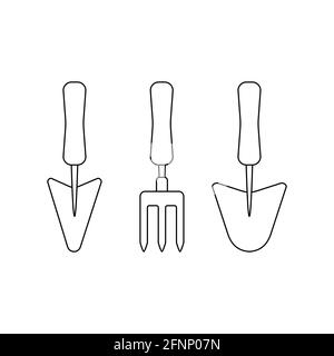 Attrezzi da giardinaggio Set di forchetta e cazzuola delineano semplice minimalista illustrazione vettoriale a disegno piatto isolata su sfondo bianco Illustrazione Vettoriale