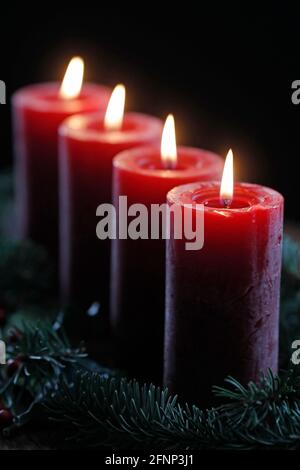 Corona o corona dell'avvento naturale con quattro candele rosse che bruciano. Composizione di Natale. Francia. Foto Stock