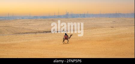 Tramonto sulle dune di sabbia nel deserto. Uomo a cavallo su cammello nel deserto. Deserto, giro in cammello. Persone arabe che viaggiano su dune di sabbia sfondo viaggio Foto Stock