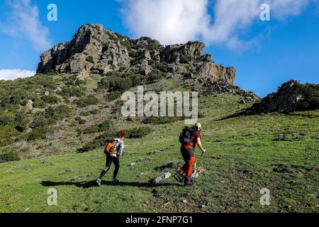 Escursionisti sulla montagna Arcuentu, Sardegna, Italia Foto Stock