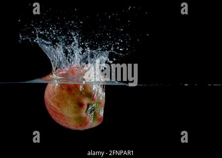 Mela rossa con spruzzi d'acqua su sfondo nero Foto Stock