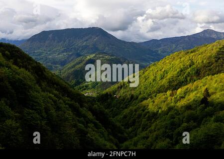 Colline ondulate vicino Cerkno, Idrija in primavera, Slovenia Foto Stock