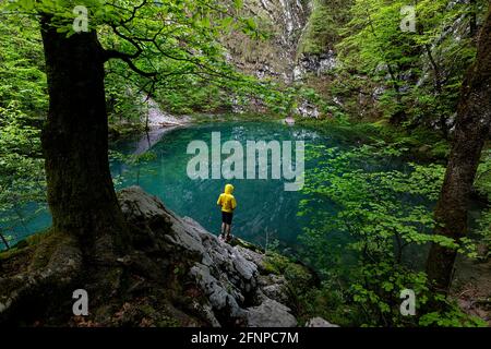 Slovenia, Parco Naturale di Zgornja Idrijca, ragazzo in giacca gialla in piedi su una roccia vicino al Lago Divje Jezero o Lago selvaggio Foto Stock