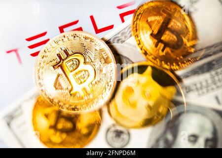 Monete d'oro con criptovaluta, dollari USA e il logo della Tesla Company su sfondo bianco Foto Stock