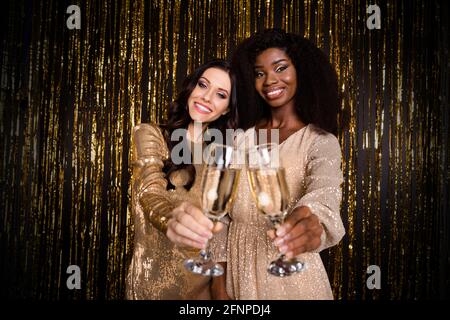 Foto di due belle Signore tenere bicchieri champagne celebrare clink indossare abiti lucidi sfondo in tinsel isolato Foto Stock