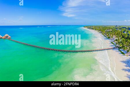 Vista aerea di palme sulla spiaggia di sabbia di Oceano Indiano a giornata di sole. Vacanze Estate a Zanzibar, Africa. Paesaggio tropicale con palme, bianco sa Foto Stock