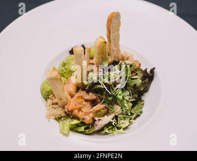 Una squisita tartare di salmone e salsa di avocado in un europeo ristorante Foto Stock