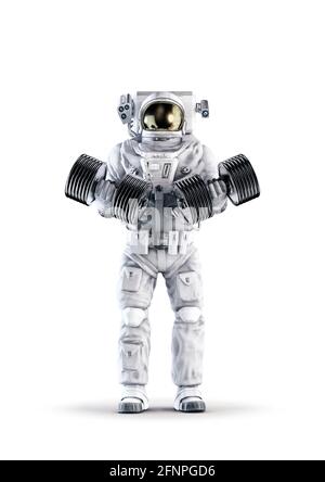 Astronauta fitness con manubri / illustrazione 3D di tuta spaziale indossando figura maschile che solleva pesante coppia di manubri isolati su bianco sfondo studio Foto Stock