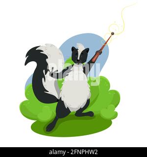 Simpatico skunk divertente che tiene una bacchetta magica, animali selvatici, carattere vettoriale in stile cartoon, clip art su uno sfondo bianco Illustrazione Vettoriale
