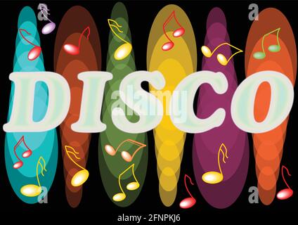 Tabellone da discoteca con luci al neon e simboli musicali sul sfondo nero Illustrazione Vettoriale