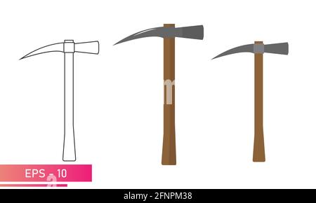 Un set di picconi per scavatori d'oro con manico in legno e martello sull'altro lato. Design realistico e lineare. Su sfondo bianco. Strumenti per Illustrazione Vettoriale