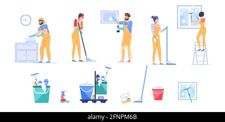 Set di caratteri per dipendenti del servizio di pulizia cartoni animati piatti, concetto di illustrazione vettoriale Illustrazione Vettoriale
