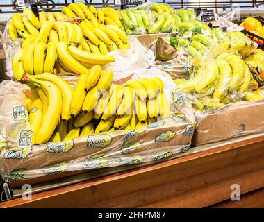 Samara, Russia - 15 maggio 2021: Banane fresche pronte per la vendita nel supermercato Foto Stock