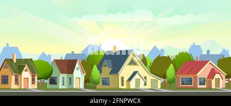 Strada con case in una piccola città rurale. Le luci di un sole. Cartone animato allegro stile piatto. Strada. Villaggio. Piccoli cottage suburbani accoglienti con alberi Illustrazione Vettoriale