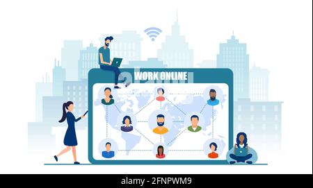 Vettore di persone diverse che utilizzano dispositivi mobili freelancing e networking Illustrazione Vettoriale