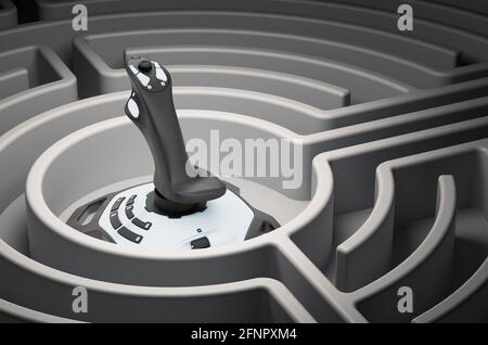 Concetto di dipendenza da videogiochi. Controller di gioco al centro del labirinto scuro, rendering 3D Foto Stock