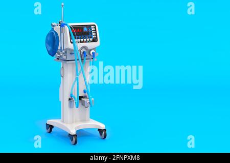 Ventilatore per ventilazione artificiale, rendering 3D su sfondo blu Foto Stock