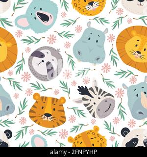 Gli animali hanno un motivo senza cuciture. Leone carino, zebra tigre, koala e ippopotamo, sloth e leopardo facce. Carta da parati per bambini, texture vettoriale dal design tessile. Personaggi piccini con foglie e fiori Illustrazione Vettoriale