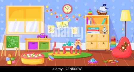 Stanza dell'asilo. Interno della sala giochi per bambini con giocattoli, librerie, lavagna e mobili. Illustrazione vettoriale della classe cartoon. Stanza vuota per i giochi e l'istruzione Illustrazione Vettoriale
