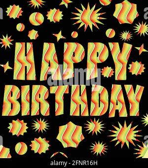 Cartellone di buon compleanno con iscrizione multicolore grunge su sfondo nero Illustrazione Vettoriale