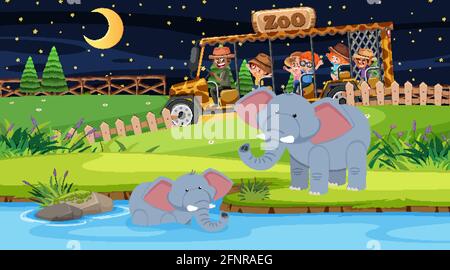 Safari nella scena notturna con molti bambini che guardano il gruppo degli elefanti illustrazione Illustrazione Vettoriale
