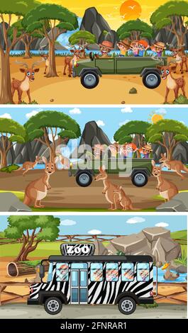 Insieme di diverse scene orizzontali safari con animali e bambini illustrazione del carattere cartoon Illustrazione Vettoriale