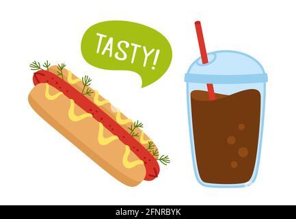 Hotdog American fast food e caffè per andare doodle cartoon set. Hotdog di colore disegnato a mano e segno di asporto di soda. Menu di carte delizioso fast food, bevanda di tazza gustoso pranzo malsano illustrazione vettoriale Illustrazione Vettoriale