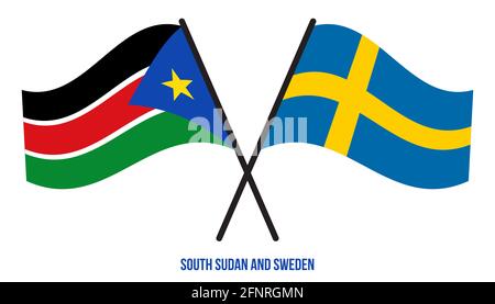 South Sudan e Sweden Flags Crossed and Waving Flat Style. Proporzione ufficiale. Colori corretti. Foto Stock