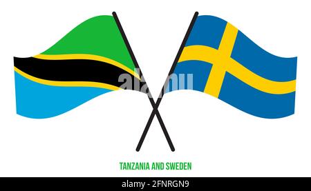 Tanzania e Svezia Bandiere incrociate e ondulate in stile piatto. Proporzione ufficiale. Colori corretti. Foto Stock