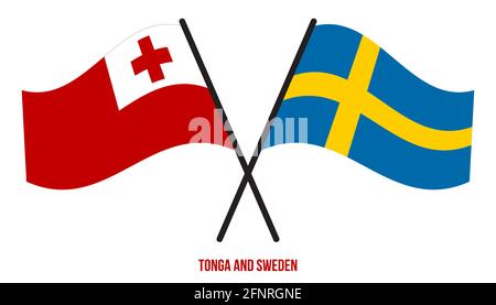 Tonga e Sweden Bandiere incrociate e ondulate stile piatto. Proporzione ufficiale. Colori corretti. Foto Stock