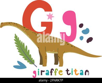 Giraffe titan. Simpatico cartoon illustrazione disegnata a mano con dinosauro e lettera G. Illustrazione Vettoriale