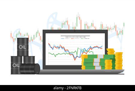 Immagine vettoriale del grafico del prezzo del barile in stile piatto. Grafico delle scorte sullo schermo del computer portatile. Illustrazione Vettoriale