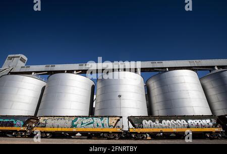 Industria rurale in Australia rurale . Un treno di trasporto che è caricato con grano nella Victoria rurale. Foto Stock