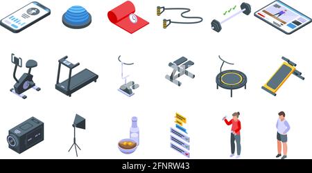 Set di icone del blog fitness. Insieme isometrico di icone vettoriali di fitness blog per il web design isolato su sfondo bianco Illustrazione Vettoriale